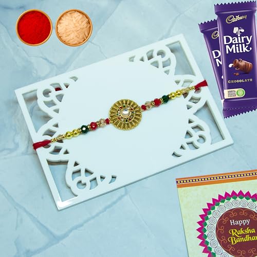 Image of Canton Rakhi For Brother With Chocolate Gift Hamper, Rakhi With Cadbury Dairy Milk, Pack Of 1 Designer Rakhi For Brother (Design-3), 50 Grams