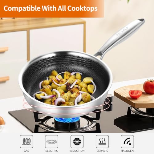 Image of DELARLO Tri-Ply Stainless Steel Frying Pan 5.6 inch Nonstick kitchen skillet | Stainless Steel Pan Cooking Heat fast and evenly Compatible with All Cooktops Dishwasher and Oven Safe