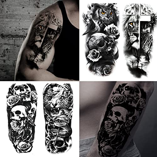 Jeefonna 42 Sheets Temporary Tattoo For Men Women Adults, Include 12 Sheets Large Black 3D Realistic Tattoos Half Sleeve Temporary Tattoos, Halloween Tattoos Include Black Scary Lion Wolf Tiger Skull Skeleton Fake Tattoos Stickers (Black) #TOP1