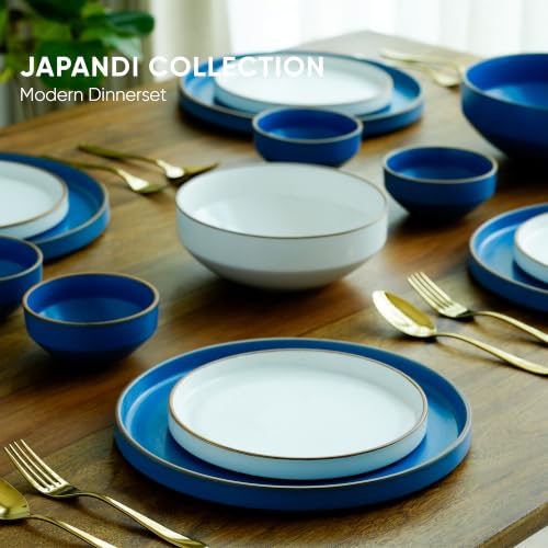 Image of Shay Modern Ceramic Dinner Set, 14 Pcs, Blue White | Crockery Set for Gifting & Dining| Premium Ceramic Dinner Set | Matte Finish (Japandi Dinner Set - Blue White, 14 Piece)