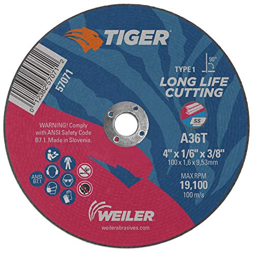 Image of Weiler 57071 4-Inch Cutting Wheel, Tiger AO Steel /Metal Long Life, Performance Cutting, 1 /16 inch A36T Type 1 3 /8 inch Arbor (Pack of 25)