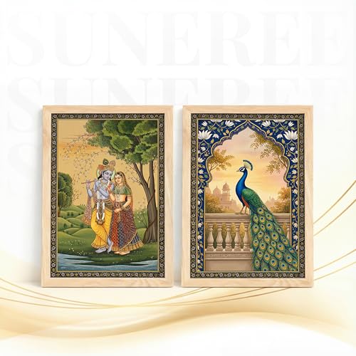 Image of Suneree Radha Krishna Miniature Painting with Peacock Wall Art | Set of 2 Framed Paintings | Traditional Mughal Indian Decor for Living Room Bedroom | (ART 4, 10x13 INCHES)