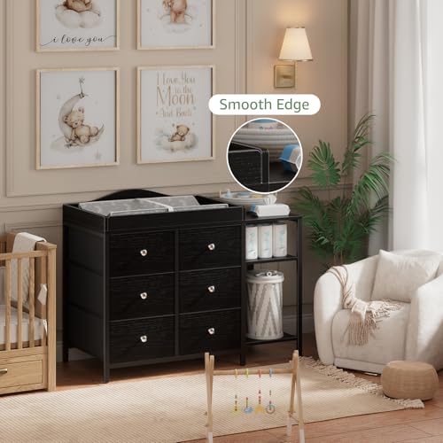 Image of BOLUO Baby Dresser with Changing Table Top, Black Changing Table Dresser with 6 Fabric Drawers Diaper Changing Station with Storage Shelf for Nursery Modern