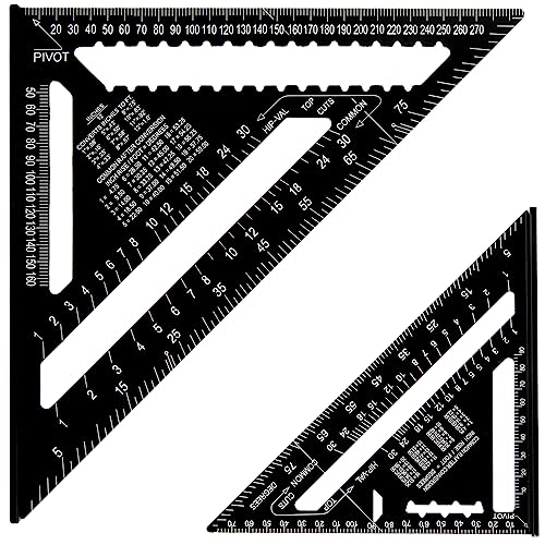 YOUNTHYE 2PCS Speed Square, 12 inch & 7 inch Carpenters Tools Metric Triangle Ruler Protractor, Aluminium Rafter Square Metric for Angle Measuring Marking