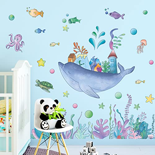 Buiory Removable 3D Cartoon Ocean Fish Whale Wall Decals Under The Sea View Castle Grass Coral Wall Sticker Diy Peel & Stick Nursery Room Art Decor For Girls Boys Babys Bedroom Living Room Classroom Bathroom Playroom Kindergarden Decorations #TOP7