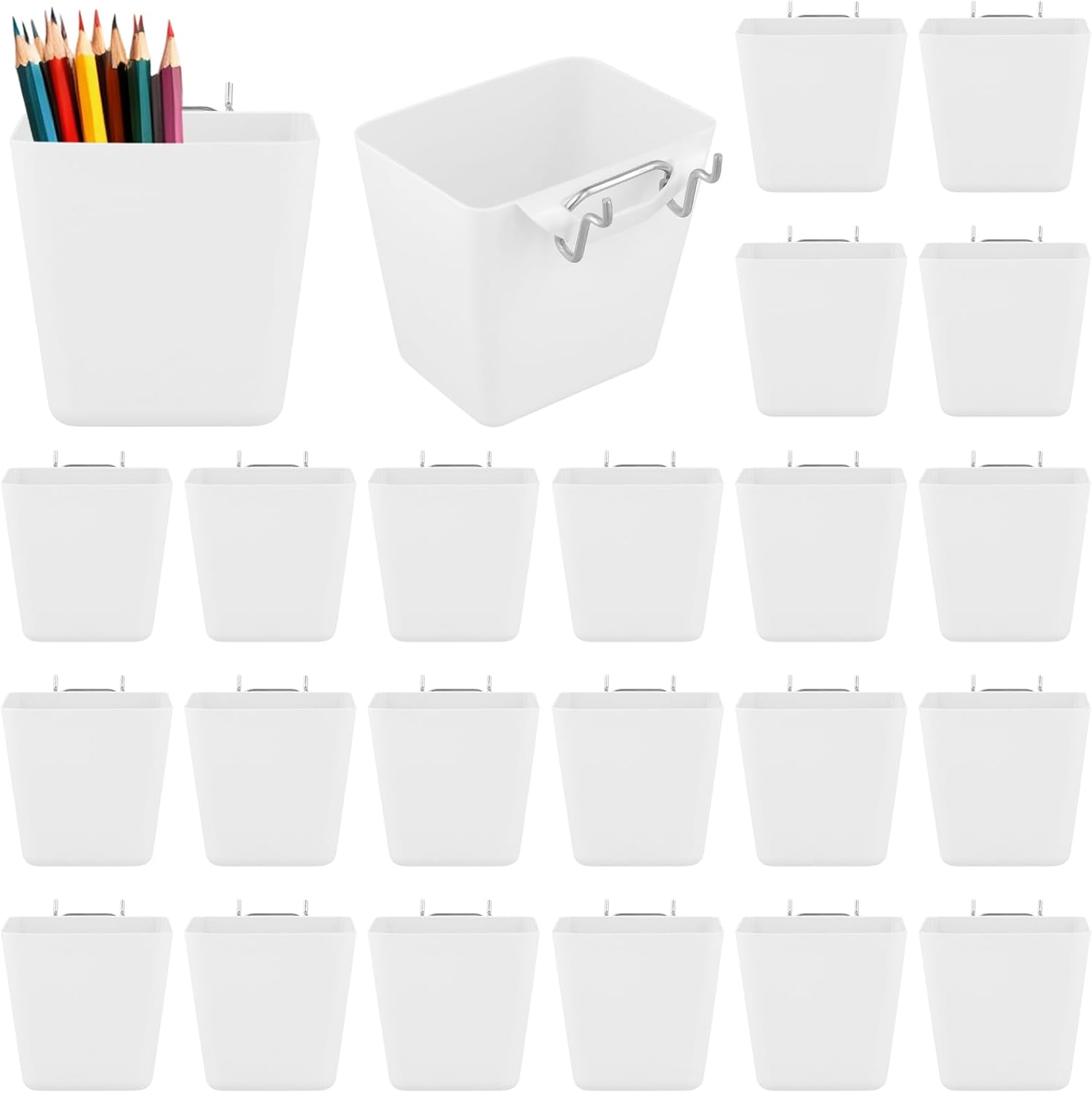 JAPCHET 24 Sets Pegboard Bins with Hooks Loops, Pegboard Containers White Pegboard Cup Holder, Peg Board Wall Organizer for Garage Workshop Workbench Office