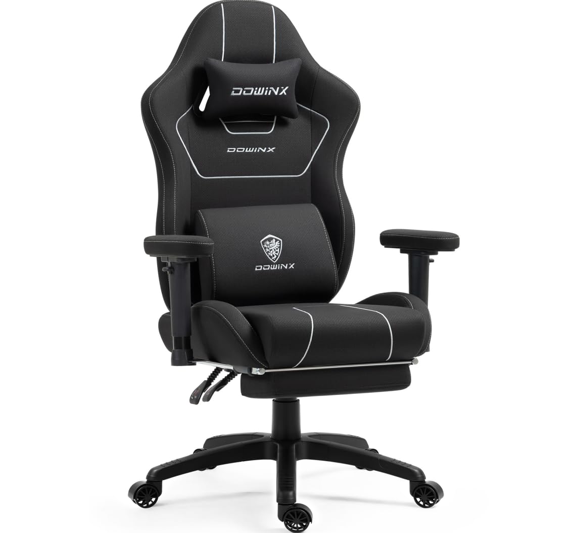Dowinx Gaming Stuhl Stoff, ergonomischer Gamer Stuhl mit weich gepolsterten Komfort-Armlehnen, Stabiler Gaming Chair und Bürostuhl für langes Sitzen, Schwarz