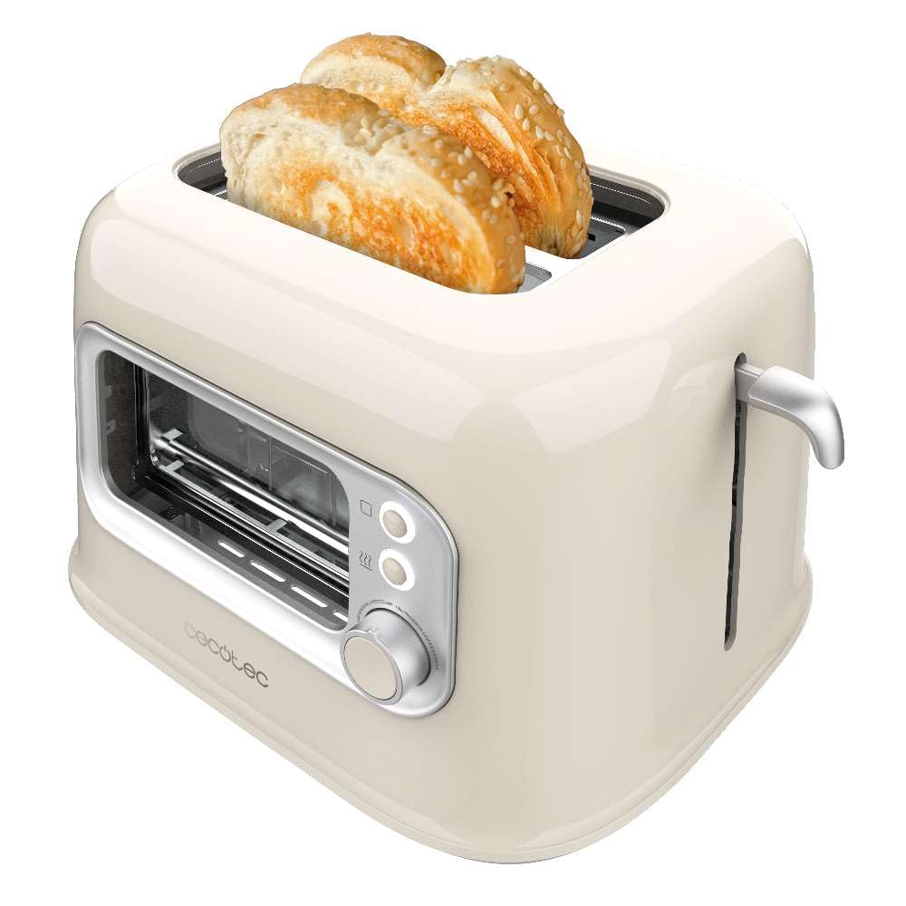 Cecotec Tostadora Vertical con 2 Ranuras Anchas y Ventana Control RetroVision Beige. 700W, Diseño Retro, Cubierta Antipolvo, Apagado y Pop-up Automático, 5 Niveles de Potencia, Beige