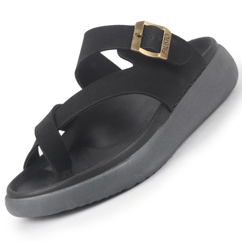Image of FAUSTO Men Toe Ring Criss Cross Buckle Strap Side Stitched Waterproof Summer Slip On Sandals|Comfort Sole|Lightweight Slippers for Rainy Monsoon Season