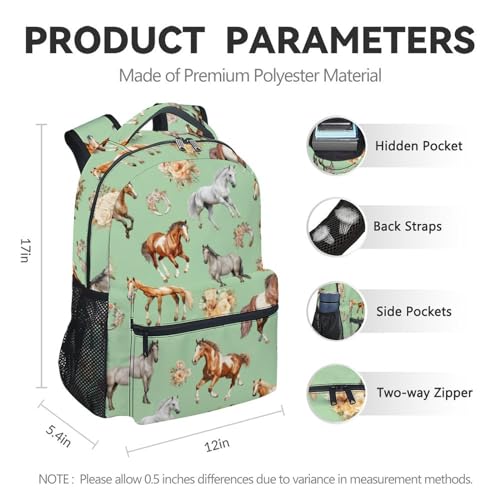 Kids Backpack with Lunch Box, Set of 3 Horse School Backpacks Matching Combo for Girls, Aesthetic Green Bookbag and Pencil Case Bundle4