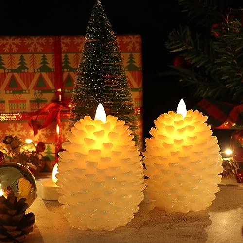 Image of Wondise Pine Cone Flameless Flickering Candles with Remote and Timer, Set of 2 Battery Operated LED Candles Real Wax Christmas Home Decoration Candle(3.5 x 4.7 Inches, White)