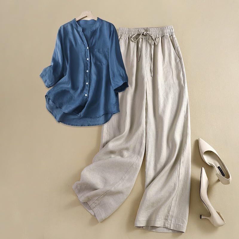 Women Vintage Embroidered Linen Two Piece Set Blouse Pants Summer Outfit