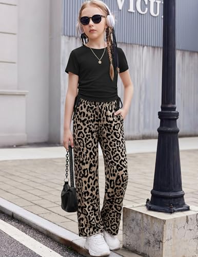 Image of Arshiner Girls 2 Piece Outfit Ruched Drawstring Tops and Wide Leg Pants Set