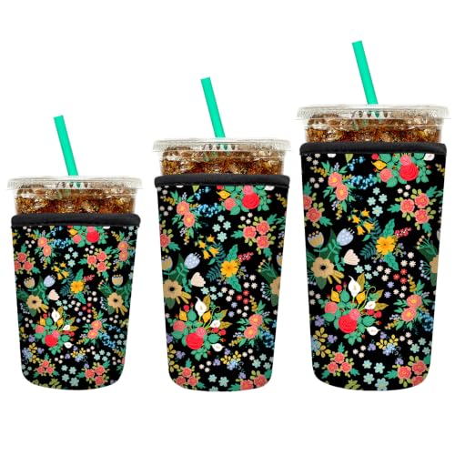 Image of YR Reusable Neoprene Insulator Sleeve for Iced Coffee Cups, 3 Pack Coffee Coolies sleeves for Iced & Hot Drinks, Cold Beverage Cooler Compatible with Cold Soda and More (Garden Floral)