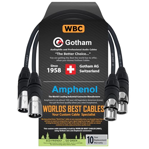 2 Units - 1 Foot - Gotham GAC-4/1 (Black) - Star Quad, Dual Shielded Balanced Male To Female Microphone Cables With Amphenol Silver XLR Connectors