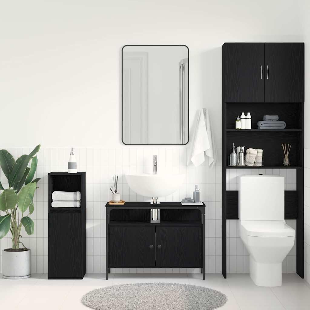 Armario de lavabo con puerta de aspecto de roble negro, 80 x 30 x 60 cm, material de madera y marco de acero, espacio de almacenamiento para baño, invitados, inodoro con estante y organizador
