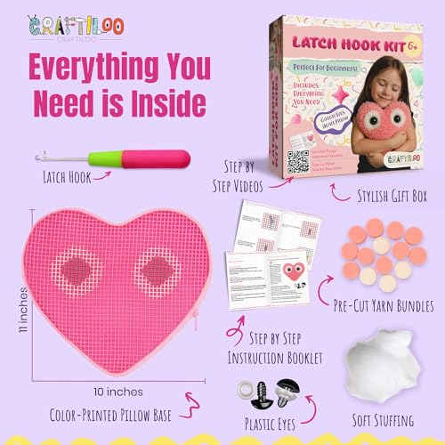 Image of Latch Hook Kit for Kids - Googly Eyes Heart Rug Pillow Craft, Ages 6+