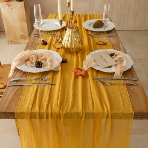 Image of Fall Golden Cheesecloth Table Runner 120 Inch Party Home Decorations | For Thanksgiving Friendsgiving Wedding Bridal Shower Baby Shower Engagement Party 10FT Rustic Boho Home Decor