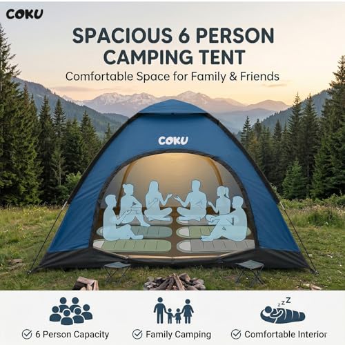 Image of Coku Camping Tent for 6 Persons, Lightweight Backpacking Dome Tent with Mosquito Net, Waterproof Outdoor Tent, Easy Setup for Camping, Hiking, Trekking, Picnic, Travel (6 Person Tent)
