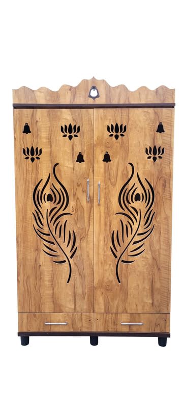 Image of 6 x 4 ft Wooden Pooja Mandir with Kalasam | Temple for Home & Office | Wall Mount Pooja Stand | 36 inch L x 72 inch H x 12 inch D | Teakwood Finish