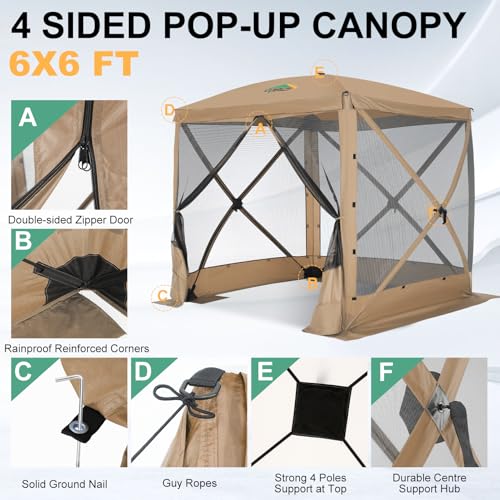 Image of COBIZI 6x6 FT Pop up Gazebo Tent, Screen Tent with Sidewalls, Waterproof Portable Outdoor Small Screen Tents Sun Shelter, Carpas para Patio for Outdoor Camping, Backyard and Garden, Khaki