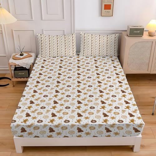 クリスマスツリーキングサイズ ボックスシーツジンジャーブレッドマンベッドカバー柔らかい通気性マイクロファイバー 3点セット防ダニ高反発 吸水 速乾 抗菌 防臭 防ダニと 2 枕カバー43x63 cm着脱簡単 丸洗い可能 マットレスカバー180x200x30