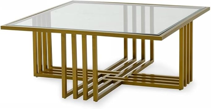 Limari Home Lorand Collection Glam Style Clear Glass Square Coffee Table with Brushed Stainless Steel Cross Leg Frame Base, Gold