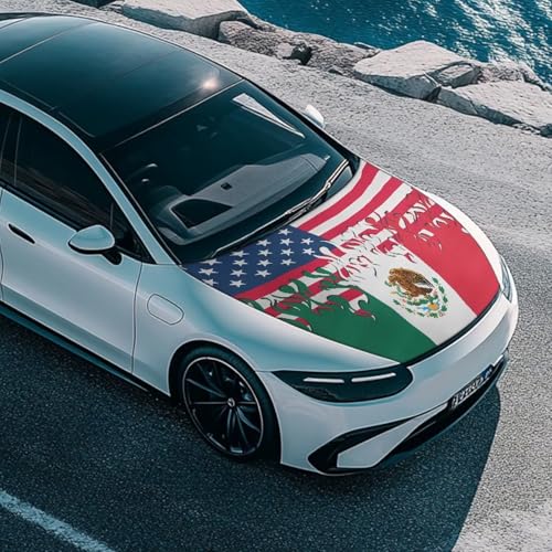 Image of Hood Cover Protector for Car, Stretchable Auto Hood Wrap Blankets, USA and Mexico Flag Design, Waterproof Automotive Accessories for SUV Sedans Trucks (59x39 inches)