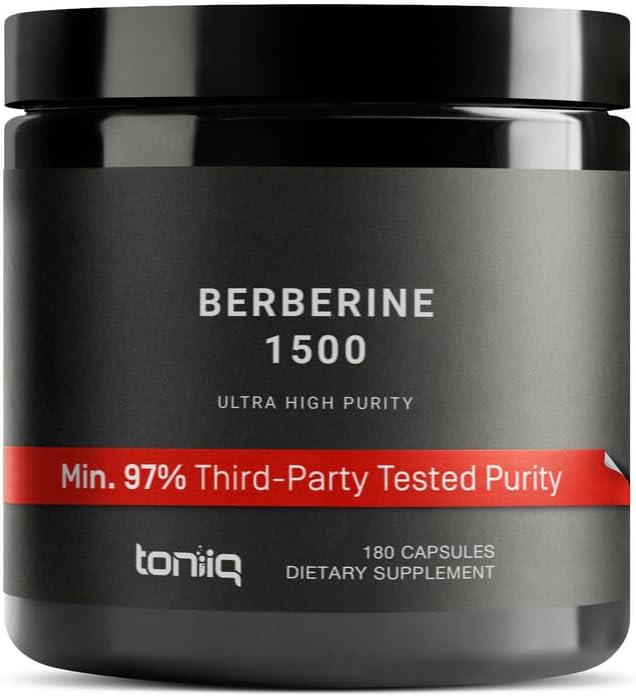 Toniiq Ultra High Strength Berberine HCl from The Himalayas - 100:1 Concentrated Extract - Lab-Tested 97% Berberine HCl - 180 Vegetarian Capsules, 1500 mg per Serving