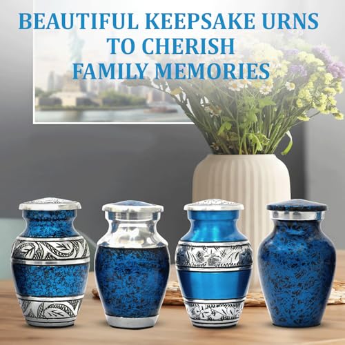 Graceful Small Urns for Human Ashes Keepsake – Elegant Cremation Urn – Tiny Urn Keepsakes – Mini Urns for Ashes for Cherished Memories (Blue, Set of 4)