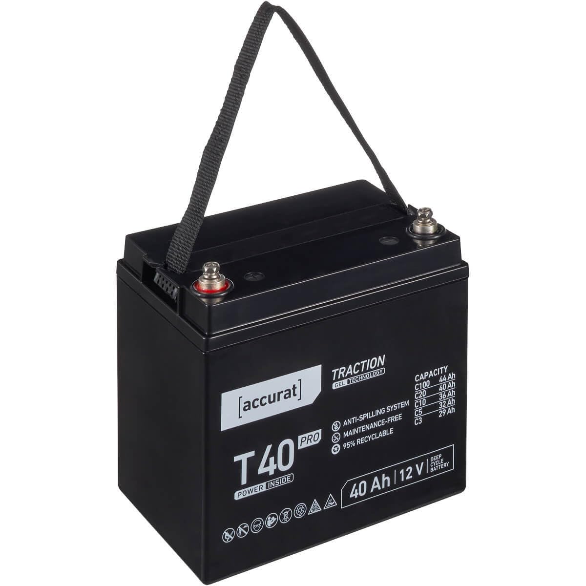 Accurat Traction T40 Pro VRLA Bleibatterie - 12V, 40Ah, +30% Startleistung, wartungsfreie, zyklenfest- Gel Batterie, USV Batterie, Versorgungsbatterie, Solarbatterie, Bleiakku für Camping, Wohnwagen