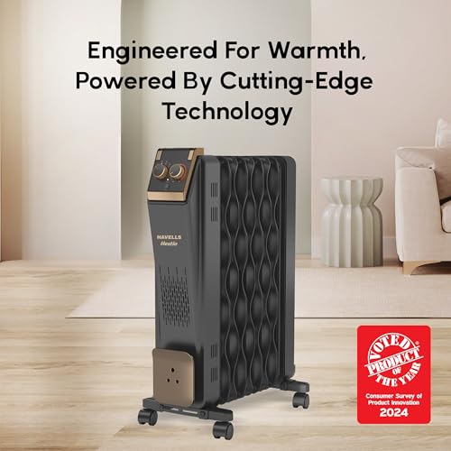 Image of Havells 9 Fin Hestio Wave Fin OFR (Oil Filled Radiator)|Room Heater|2400 W|3 Heat Settings & PTC Fan Heater|Inclined Control Panel|Retractable Wheels| Comfortable Breathing|360 Heating (Black)