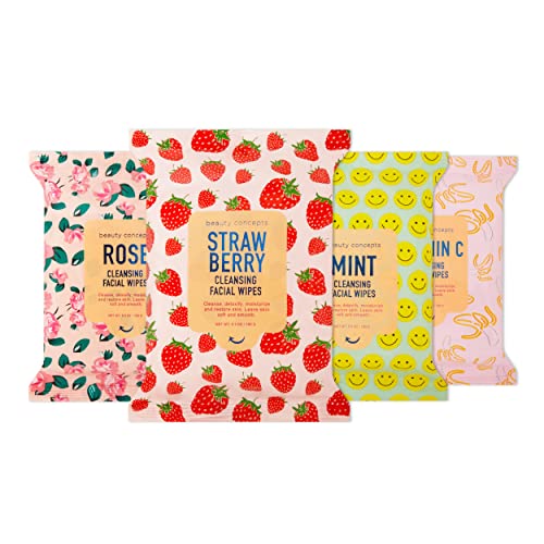 Facial Cleansing Wipes | Mint, Vitamin C, Strawberry, And Rose Face Cleansing And Gentle Makeup Remover Wipes – 4 Pack (30 Count Each), 120 Towelettes | Beauty Concepts #TOP4