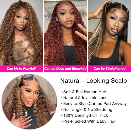 Image of 20 Inch Highlight Ombre Deep Wave Lace Front Wigs Human Hair 180% Density 4 /27 Colored Honey Blonde Human Hair Wig 13x6 HD Lace Front Wig Pre Plucked No Synthetic Blend No Tangle No Shedding