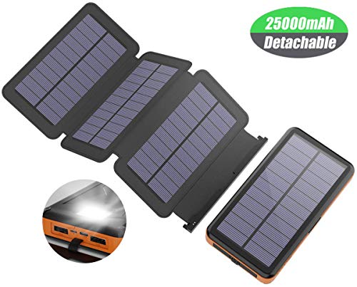 X-DRAGON Chargeur Solaire Powerbank 25000mAh Détachable Batterie Externe avec 4 Panneaux Solaires Lumière LED pour iPhone, iPad, Samsung Galaxy, Huawei, Smartphones, Xiaomi, Camping