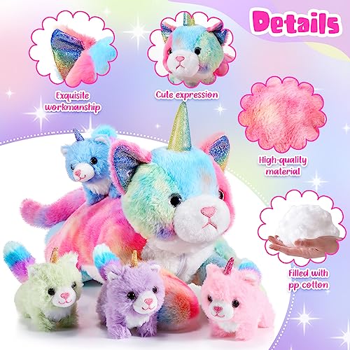 Image of 5 Pieces Caticorn Plush Toy Set 16 Inch Mommy Cat Unicorn Stuffed Animal with 4 Cute Plush Baby Kittens Pastel Rainbow Caticorn Toy Set Boys Girls Birthday Kpop Party Favors(Cute Color)