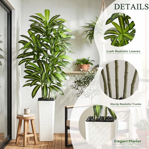 Image of Artificial Dracaena Tree Indoor, 7FT Tall Fake Floor Plants with White Planter & Pebbles, Faux Silk Yucca Tree for Home Office Living Room Bedroom Farmhouse Modern Outdoor Topiary Tree