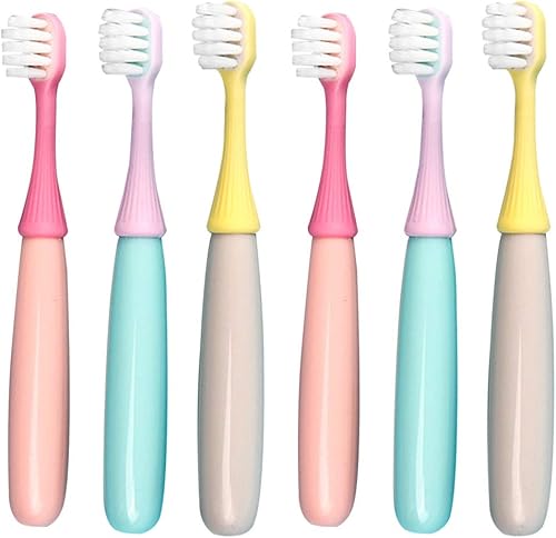 Miniatura 1 de Paquete de 6 cepillos de dientes para niños, precioso cepillo de dientes extra suaves de hongos para niños de 1 a 3 años (rosa, amarillo y azul)