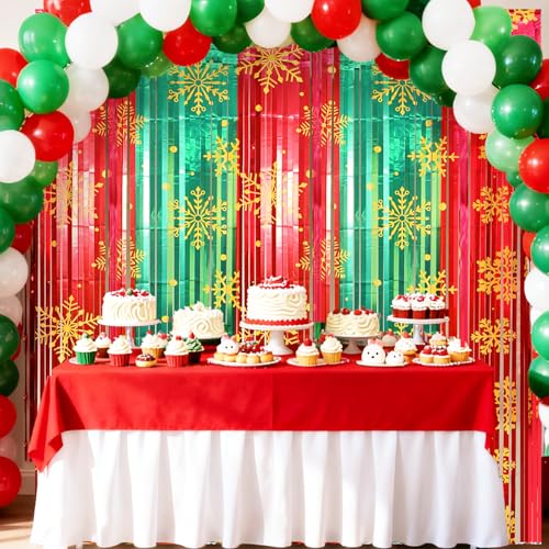 Image of 2 Packs Christmas Foil Fringe Curtain, Glitter Red Green Snowflake Metallic Tinsel Backdrop for Xmas Friendsmas Santa Claus Ugly Sweater New Years Eve Party Decoration Supplies