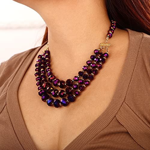 Wiwpar Layered Faceted Purple Beaded Statement Necklace And Earrings Set Elegant Long Boho Crystal Wrap Strand Collar Bib Choker Necklace For Women Girls (Purple) #TOP2