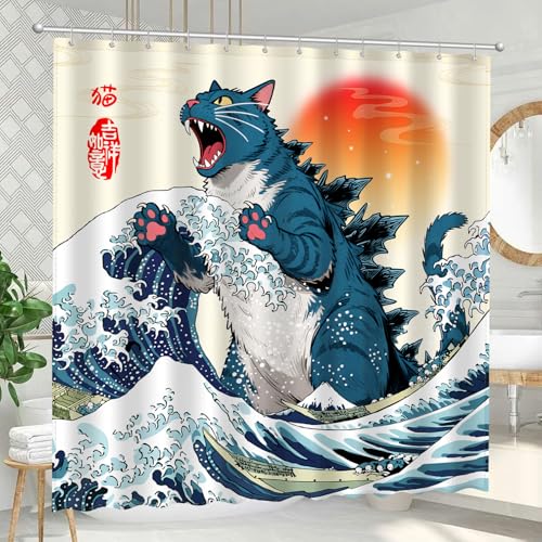 Image of Funny Blue Cat Monster Shower Curtain Set, Japanese Anime Sunset Ocean Waves Home Bathroom Decor, Polyester Cloth Fabric Bath Curtain with 12 Hooks 72 inch W x 72 inch L