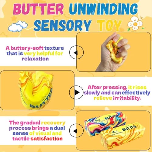 2 Pack Butter Squishy Fidget Toy, Realistic Butter Stick, Slow Rising Non-Stick TPR Squeeze Toy, Soft Sensory Desk Toy for Adults & Kids, Office Gift (Marbled Rainbow Colors) - image 5