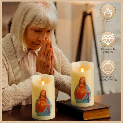Image of QQFCTOO LED Prayer Flameless Candle with Remote Timer, Battery Powered Candle, Religious Candle, Real Wax, for Home Altar, Church, Devotional,6 inch x 3.2 inch(Jesus - Blue)