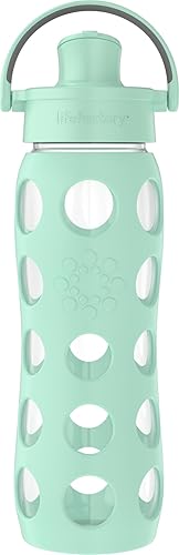 Lifefactory Botella de agua de vidrio de 22 onzas con tapa abatible activa y funda protectora de silicona, menta