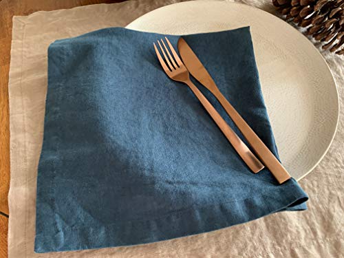 Eight Owls Linen Napkins – 100% French Flax – Stonewashed Pure Linen Cloth Napkins – Mitered Corners – Set of 4 (Dark Teal Blue)