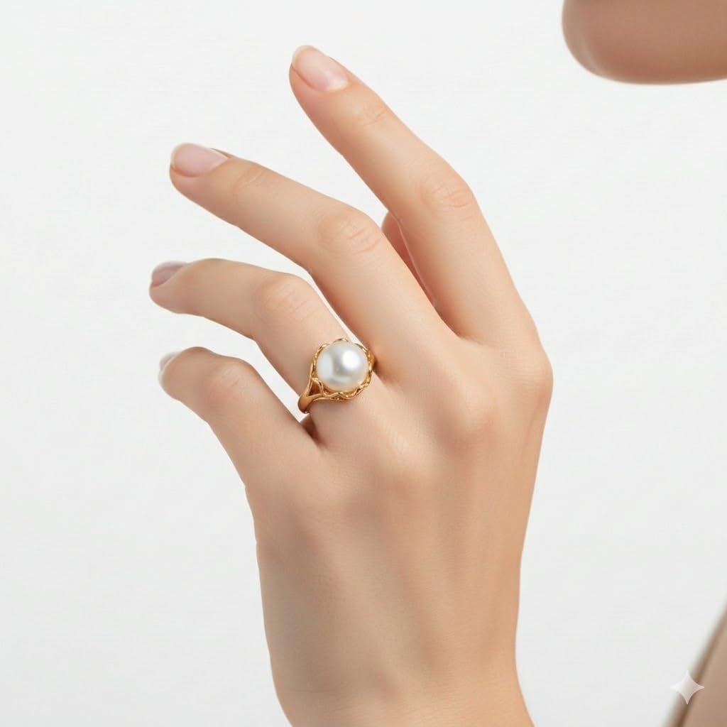 925 Sterling Silver, 18K Gold Plated Olive Leaf Ring Freshwater Pearl Perfect for Special Occasion Sassy and Classy Gift for Women Ring Size 4 to 13