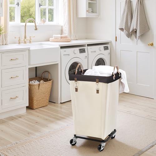 Image of StorageWorks 110L Laundry Basket with Wheels, Large Rolling Hampers for Clothing Organizer, Dirty Clothes Basket for Hotel, Home, Closet, Dorm, Beige