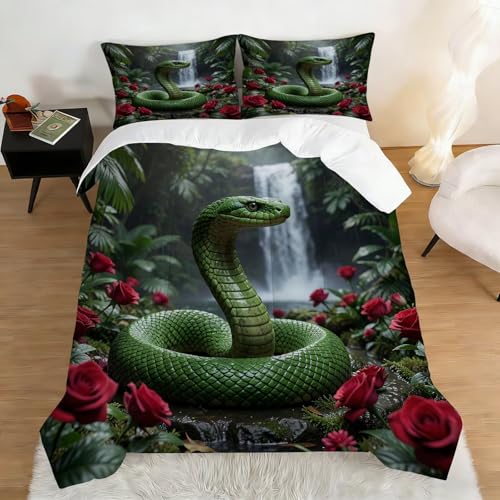 Image of Tropical Snake Comforter Set Full Size Red Roses Jungle Waterfall Wildlife Bedding Sets for Girls Boys Kids Adults Bedroom Decor Snake Lover Quilt 1 Comforter 2 Pillowcases