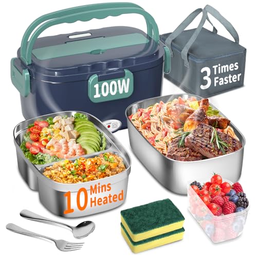 SOOOEC Contenitore per il pranzo elettrico 100 W, 3 in 1, 1,5 l, contenitore per il pranzo riscaldato portatile, in acciaio inox, 12 V/24 V/220 V, per auto, camion, ufficio, con tasca isolata (due