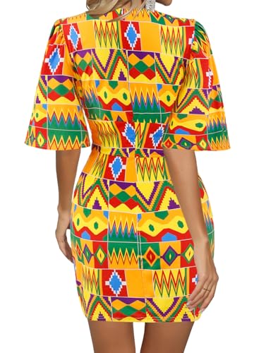 Image of Women Boho African Floral Print Pleated Short Midi Dress Multi-Way Dress for Casual Rave Club Party